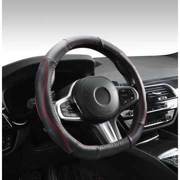 D típusú bőr kormányvédő - lyukacsos - piros betétes - 36-38 cm