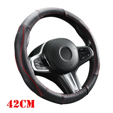 Bőr kormányvédő - lyukacsos - piros betétes - 41-43cm