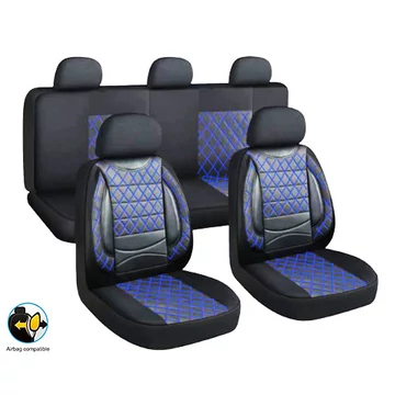 11 részes univerzális műbőr üléshuzat szett – 2 helyen osztható, légzsákos – fekete/kék
