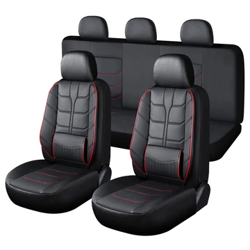 11 részes univerzális műbőr üléshuzat szett deréktámasszal – fekete/piros – légzsák kompatibilis
