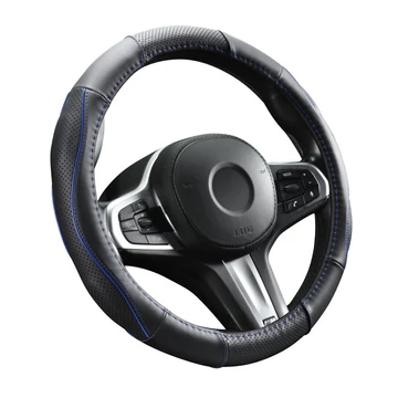 Bőr kormányvédő - lyukacsos - kék betétes - 36-38cm