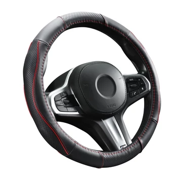 Bőr kormányvédő - lyukacsos - piros betétes - 36-38cm