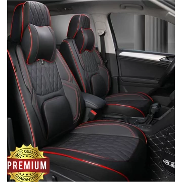 15 részes Prémium műbőr autó üléshuzat szett nyakpárnákkal – légzsák kompatibilis – osztható – fekete/piros