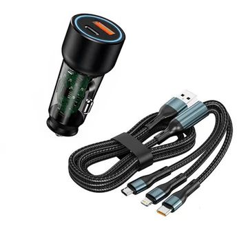 Szivargyújtós autós gyorstöltő USB / USB-C + 3 az 1-ben töltőkábel – 5A – 20W – 12-24V