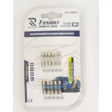 Autós üvegbiztosíték készlet – 20 mm – 10 db – 12–24V