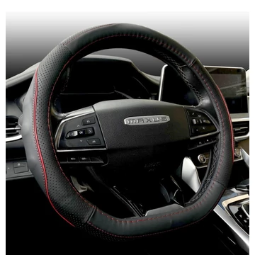 Autós kormányvédő - D forma - 38 cm - fekete bőr - piros betéttel