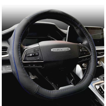 Autós kormányvédő - D forma - 38 cm - fekete bőr - kék betéttel