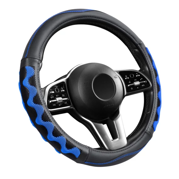 Műbőr kormányvédő - 38 cm - fekete-kék  - szintetikus