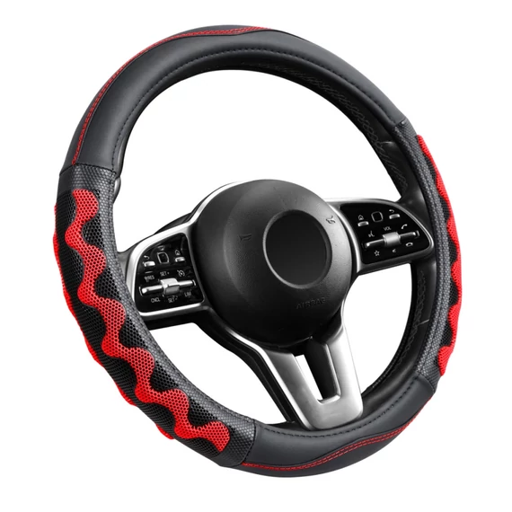 Műbőr kormányvédő - 38 cm - fekete-piros -  szintetikus