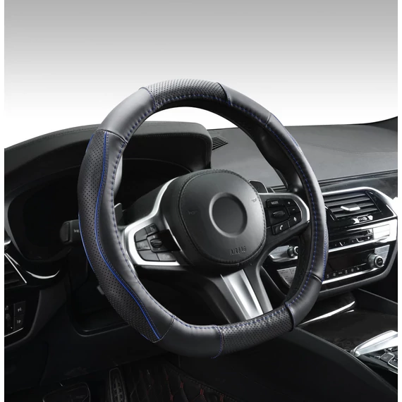 D típusú bőr kormányvédő - lyukacsos - kék betétes - 36-38 cm