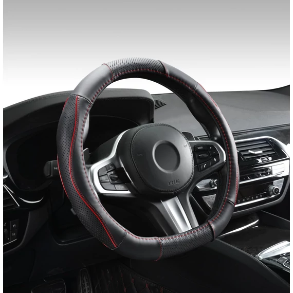 D típusú bőr kormányvédő - lyukacsos - piros betétes - 36-38 cm