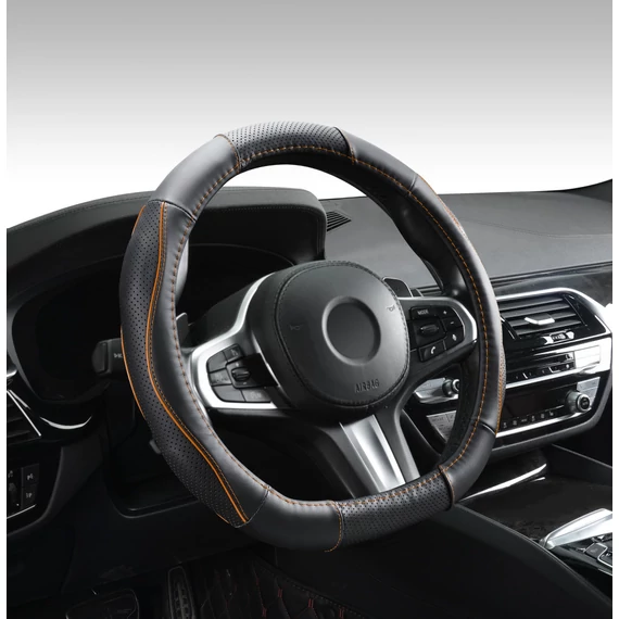 D típusú bőr kormányvédő - lyukacsos - narancs betétes - 36-38 cm