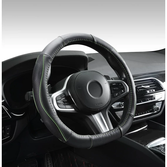 D típusú bőr kormányvédő - lyukacsos - zöld betétes - 36-38 cm