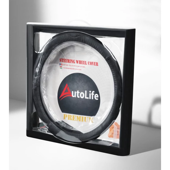 Valódi bőr kormányvédő - lyukacsos szellőző - 36-38 cm - fekete varrás