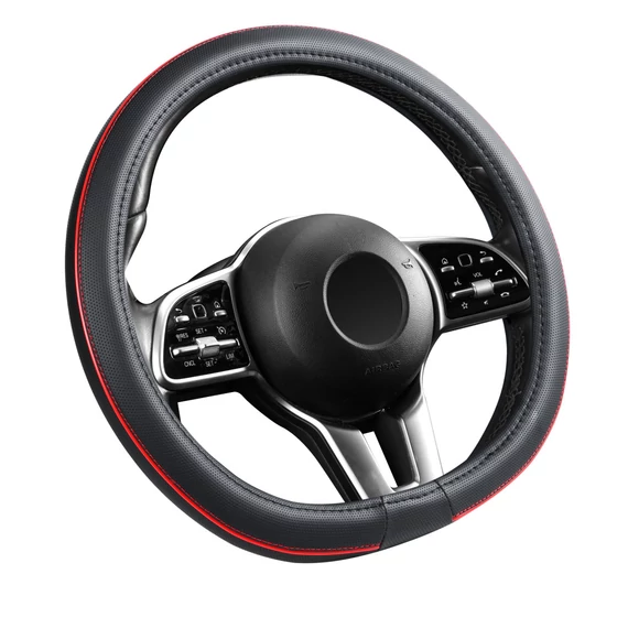 Bőrhatású kormányvédő - 38 cm - piros betétes - D típus