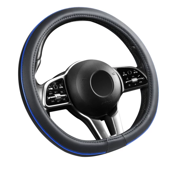 Bőrhatású kormányvédő - 38 cm - kék betétes - D típus