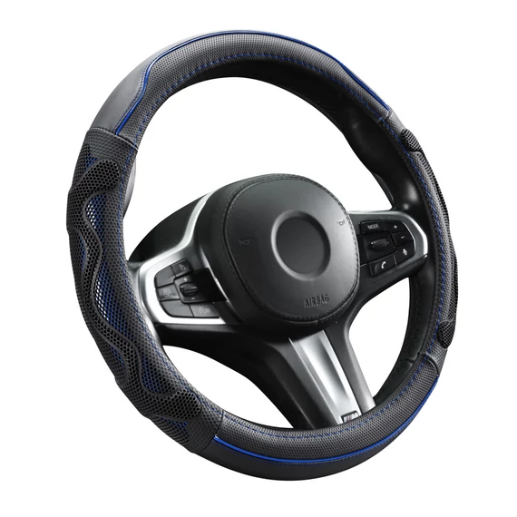 Valódi bőr kormányvédő 38 cm - fekete-kék - csúszásmentes