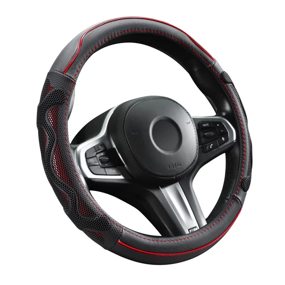 Valódi bőr kormányvédő 38 cm - fekete-piros - csúszásmentes