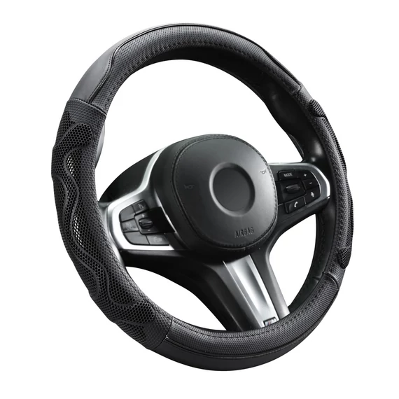 Valódi bőr kormányvédő 38 cm - fekete-szürke - csúszásmentes