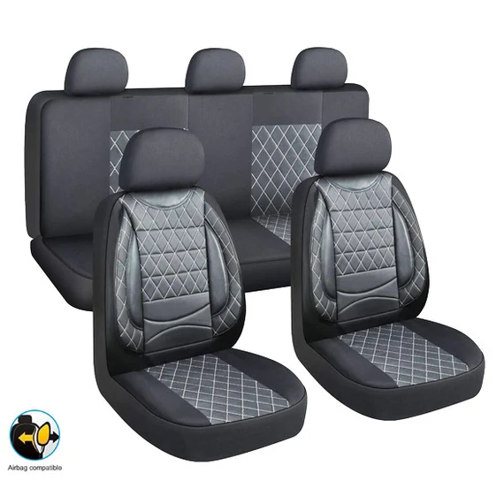 11 részes univerzális műbőr üléshuzat szett – 2 helyen osztható, légzsákos – fekete/fehér