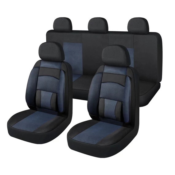 11 részes univerzális üléshuzat szett – 2 helyen osztható – légzsák kompatibilis – fekete/kék