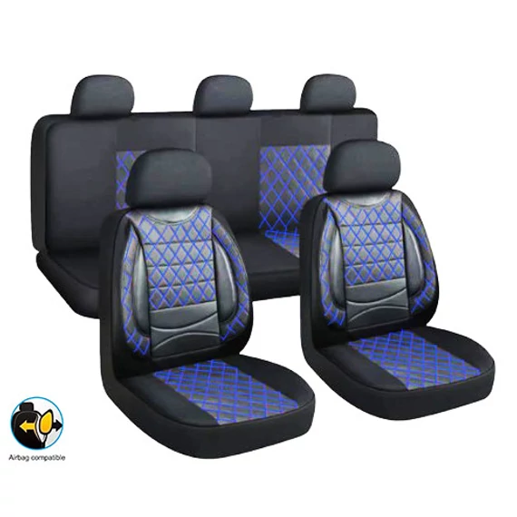11 részes univerzális műbőr üléshuzat szett – 2 helyen osztható, légzsákos – fekete/kék
