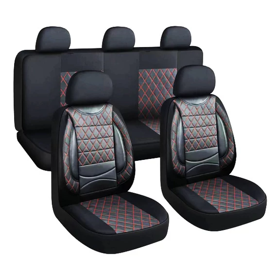 11 részes univerzális műbőr üléshuzat szett – 2 helyen osztható, légzsákos – fekete/piros