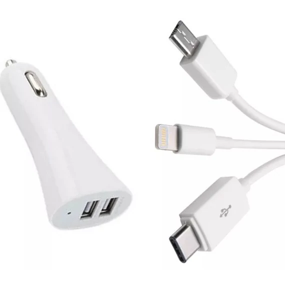2-es USB autós töltő - M-USB - Apple - Type-C - 12V - 2.1A