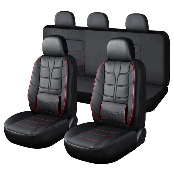 11 részes univerzális műbőr üléshuzat szett deréktámasszal – fekete/piros – légzsák kompatibilis