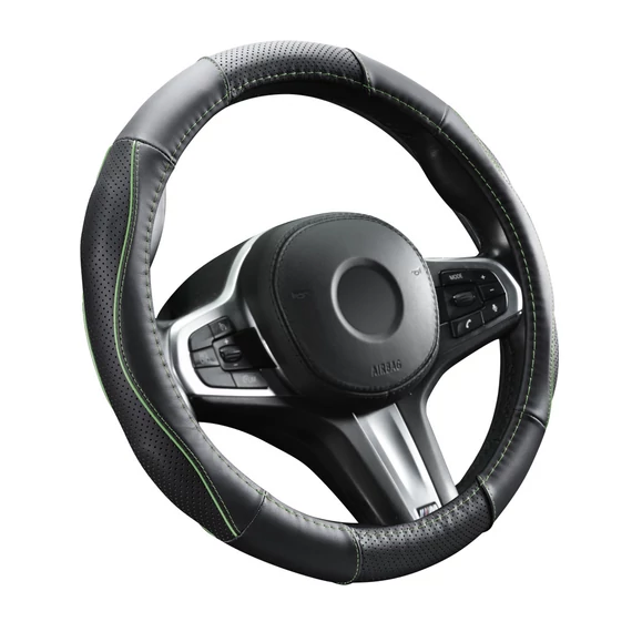 Bőr kormányvédő - lyukacsos - zöld betétes - 36-38cm