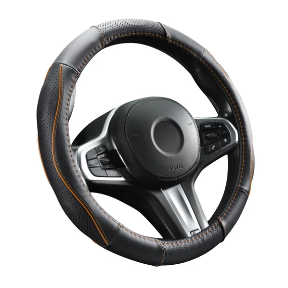 Bőr kormányvédő - lyukacsos - narancs betétes - 36-38cm