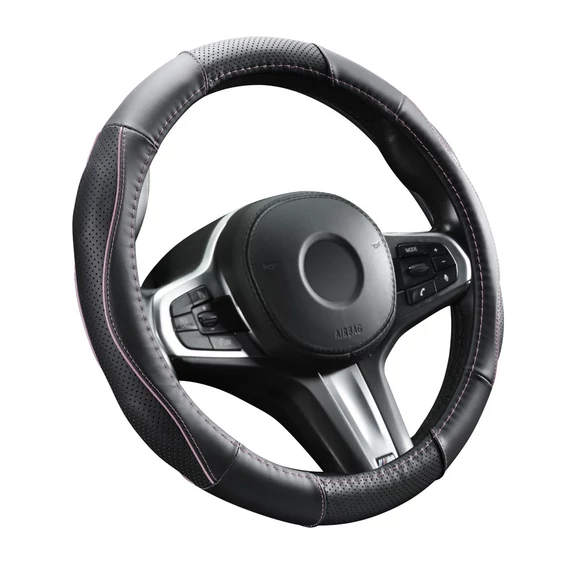 Bőr kormányvédő - lyukacsos - pink betétes - 36-38cm