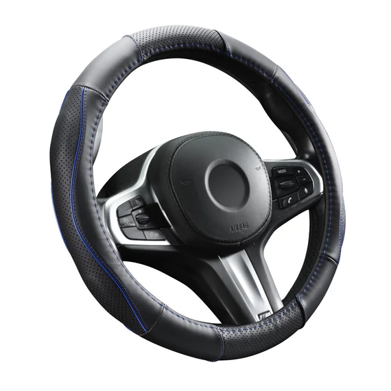 Bőr kormányvédő - lyukacsos - kék betétes - 36-38cm