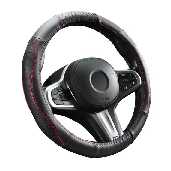 Bőr kormányvédő - lyukacsos - piros betétes - 36-38cm