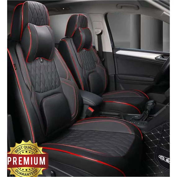 15 részes Prémium műbőr autó üléshuzat szett nyakpárnákkal – légzsák kompatibilis – osztható – fekete/piros