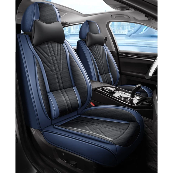 13 részes prémium műbőr üléshuzat szett nyakpárnákkal – légzsák kompatibilis – osztható – fekete/sötétkék