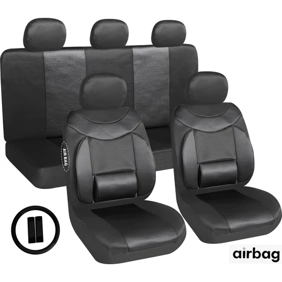 Univerzális autó üléshuzat szett – 11 részes – deréktámasszal – légzsák kompatibilis – fekete