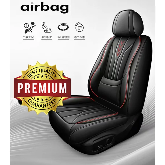 Prémium műbőr autó üléshuzat szett – 11 részes – légzsák kompatibilis – osztható – fekete/piros