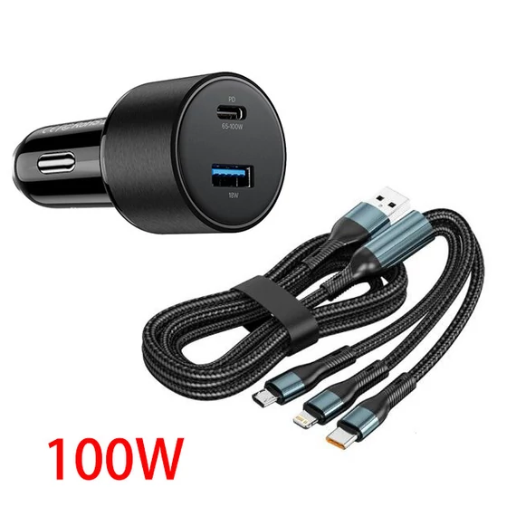 Szivargyújtós autós gyorstöltő USB / USB-C + 3 az 1-ben töltőkábel – 5A – 100W – 12-24V