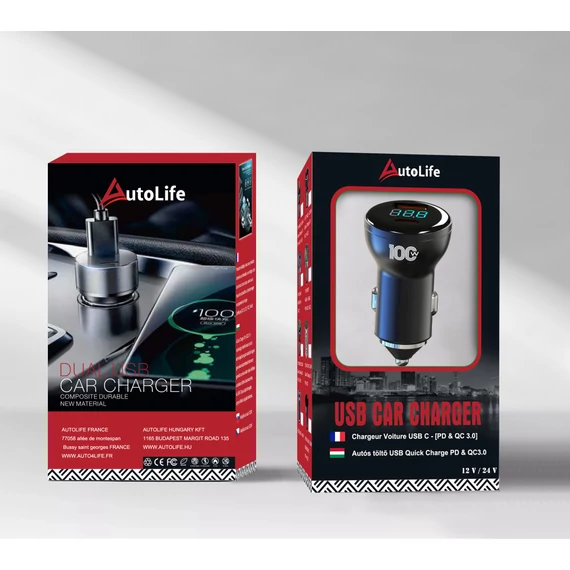 Szivargyújtós autós gyorstöltő digitális voltmérővel – USB / USB-C – 100W