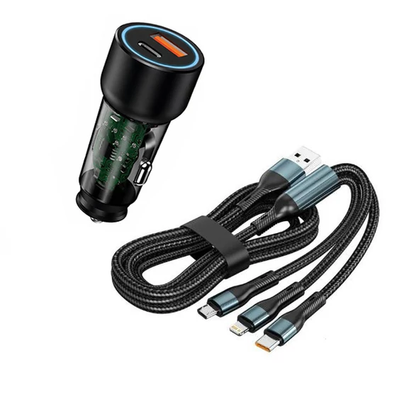 Szivargyújtós autós gyorstöltő USB / USB-C + 3 az 1-ben töltőkábel – 5A – 20W – 12-24V