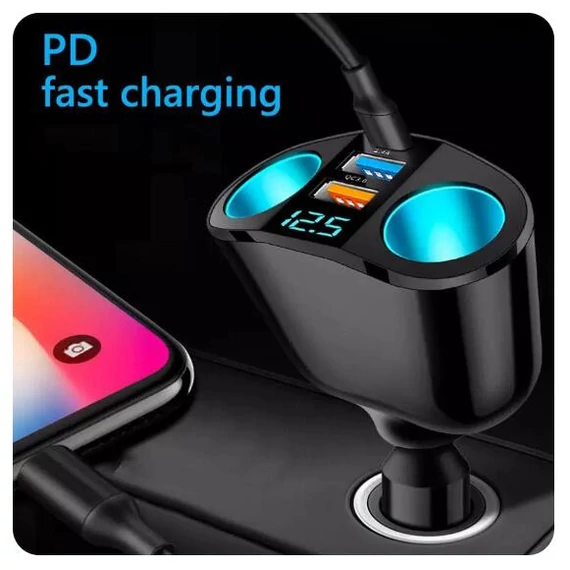Autós töltő 2 USB porttal + 2 szivargyújtó aljzattal – QC3.0 + PD – digitális voltmérő