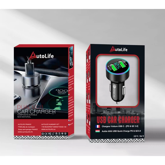 Autós gyorstöltő digitális voltmérővel – 2×USB – Quick Charge 3.0 – 12-24V