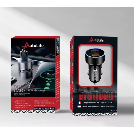 Autós gyorstöltő digitális voltmérővel – 2×USB – Quick Charge 3.0 – 12-24V