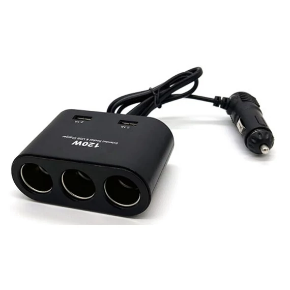 Szivargyújtó elosztó 3-as + 2 USB aljzat 12/24V - MAX 120W