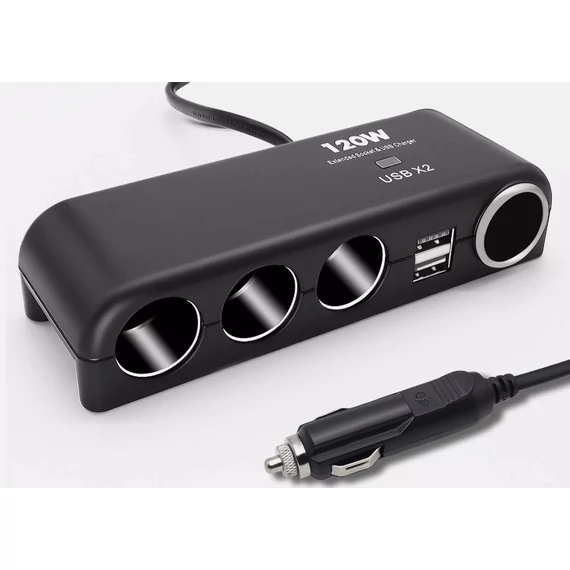 Szivargyújtó elosztó 3-as + 2×USB + öngyújtó aljzat – 12-24V – max. 120W