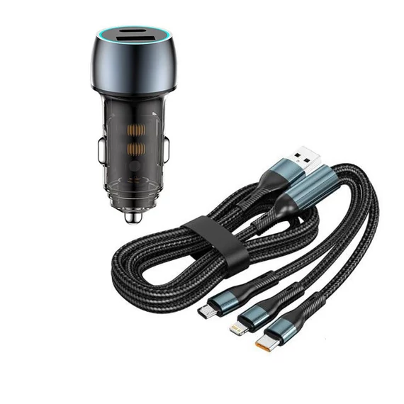 Autós töltő + 3in1 kábel - 48W - Quick Charge 3.0 - 12/24V