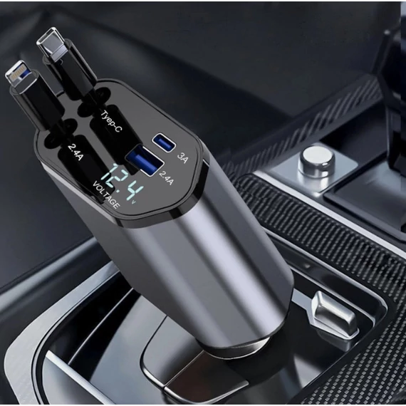 120W 4 az 1-ben autós gyorstöltő – kihúzható Lightning + Type-C kábel – PD USB – 12V/24V