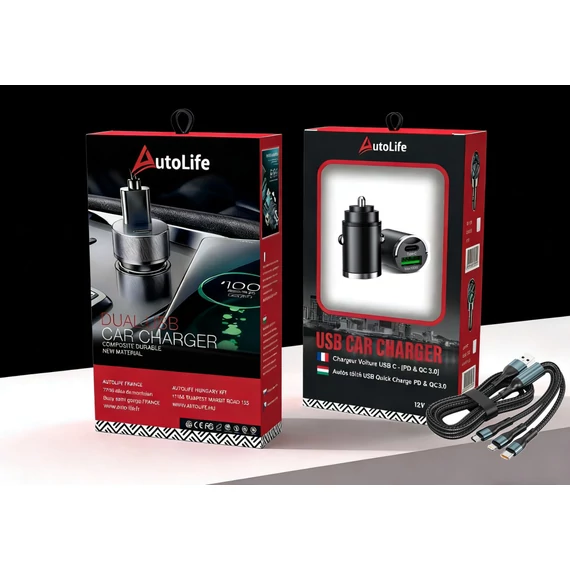 Autós gyorstöltő + 3in1 kábel - 100W - USB-A + USB-C - 12/24V