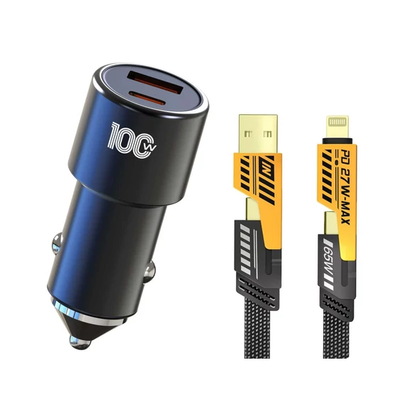 100W autós gyorstöltő USB/USB-C + 65W 4 az 1-ben töltőfejes kábel – 12/24V